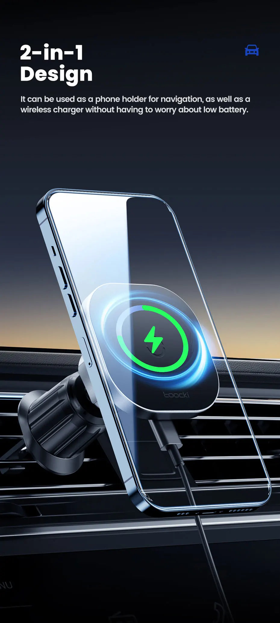 Toocki magnetyczna ładowarka bezprzewodowa do telefonu z uchwytem samochodowym na kratkę wentylacyjną