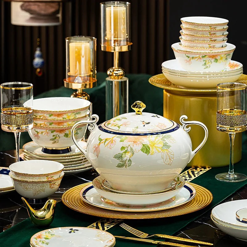 Luxury Gold Rim Bone China Dinnerware Set - 70 Pcs | Fine Dining