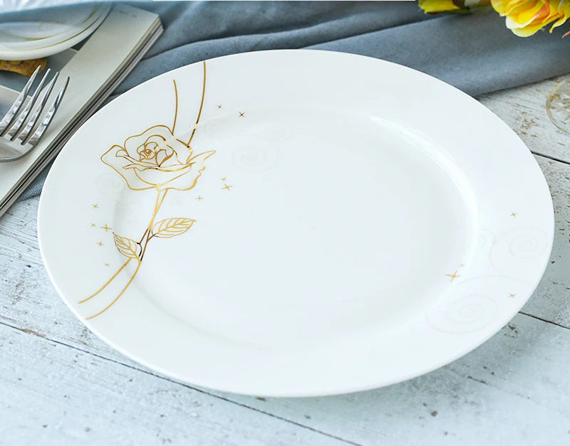 Vabena Gold Rose Bone China Dinner Plates Set - 8-Inch Elegant Tableware