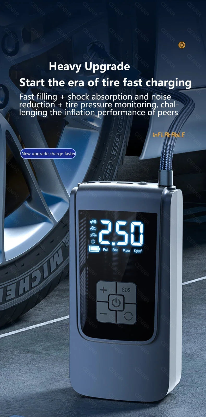 Bezprzewodowa pompka samochodowa i inflator do opon z wyświetlaczem lcd