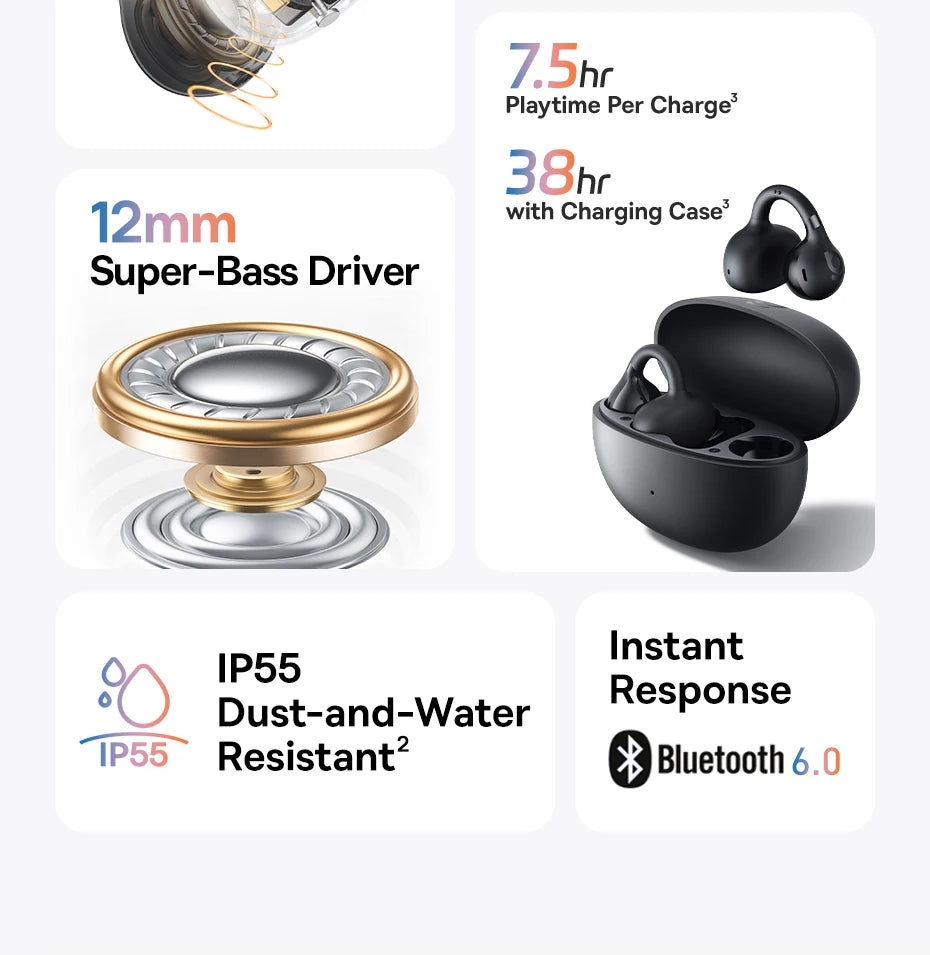 Baseus bc1 otwarte słuchawki na klips – bezprzewodowe sportowe słuchawki bluetooth 6.0 z 4 mikrofonami, super basem i ip55