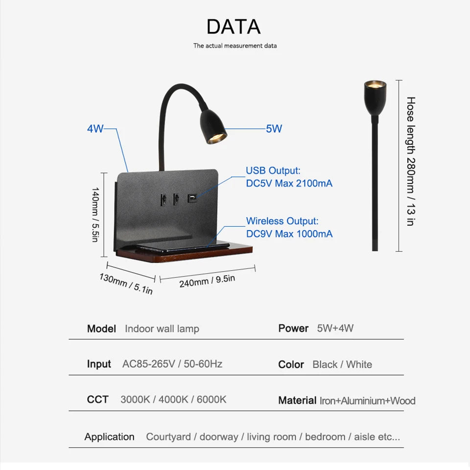 Nowoczesna lampa ścienna led 360° obrotowa z usb i ładowaniem bezprzewodowym do sypialni