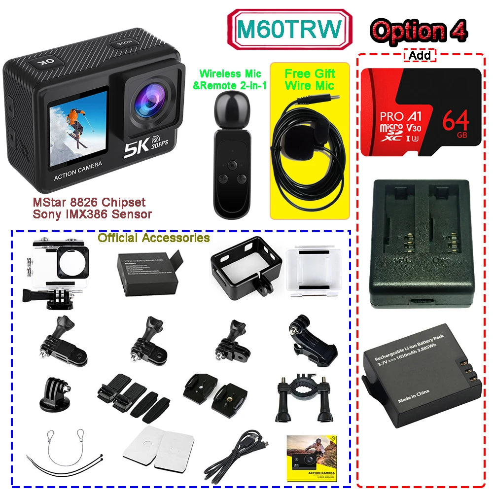 Kamera sportowa sony imx576 5k 4k60fps wodoodporna 48mp z wi-fi