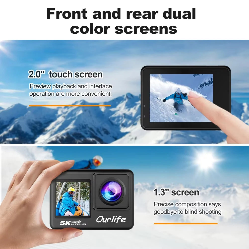 Kamera sportowa ourlife 5k 4k60fps | ekran dotykowy, wodoodporność 30m