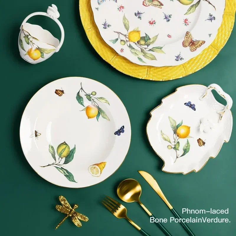 Elegant Lemon Ceramic Dining Set & Coffee Cups - Premium Dinnerware