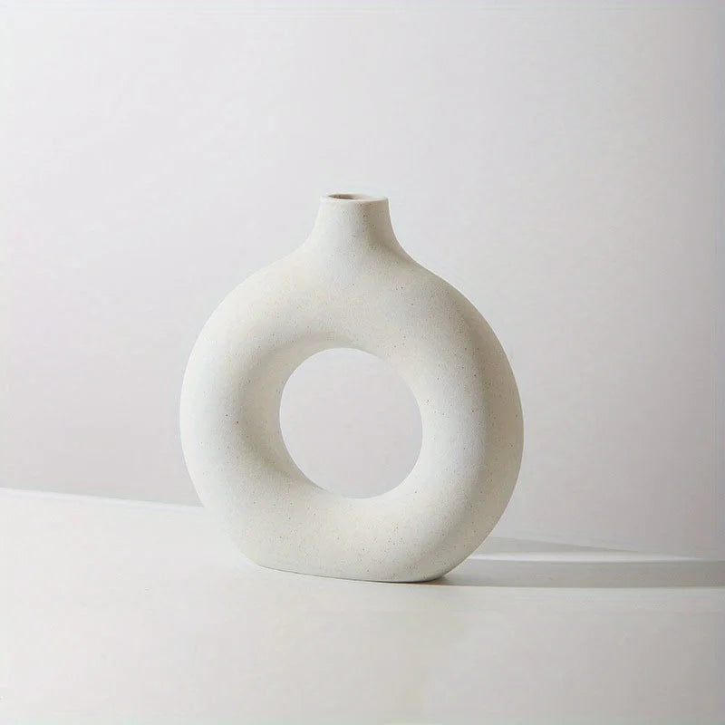 Modern Boho Ceramic Donut Vase - White & Beige Decor