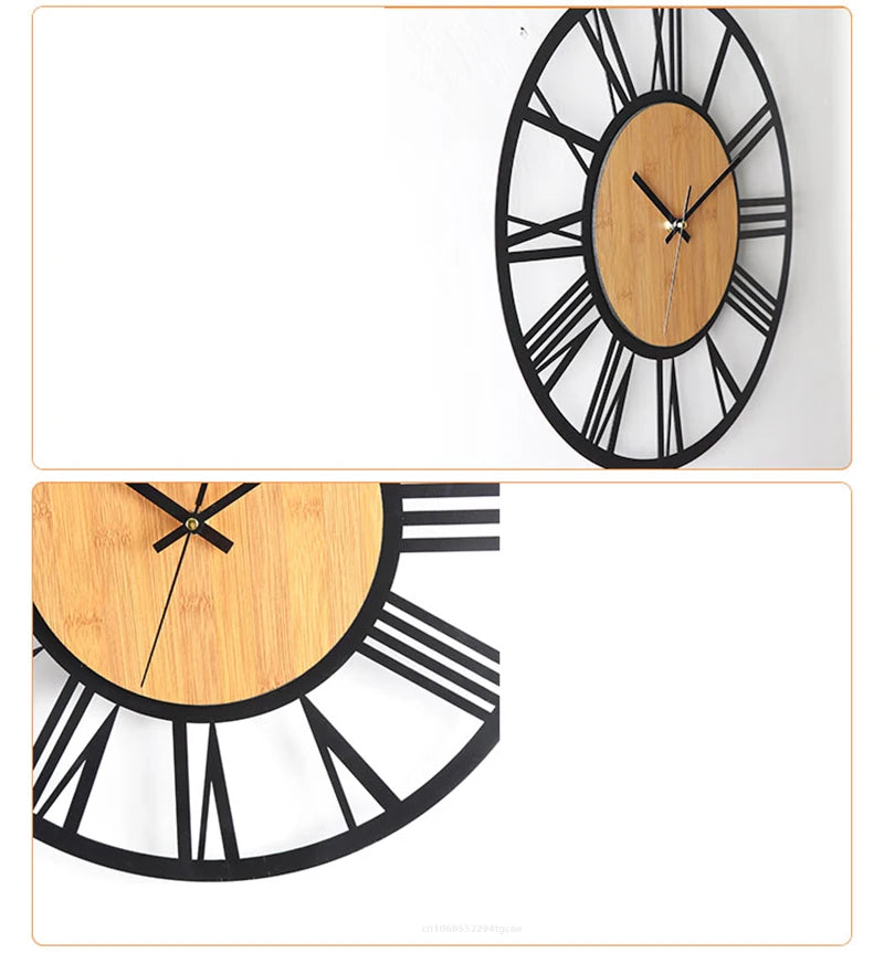 Nordic Retro 3D Large Wall Clock - Silent Roman Numerals Wood Metal Iron Decor