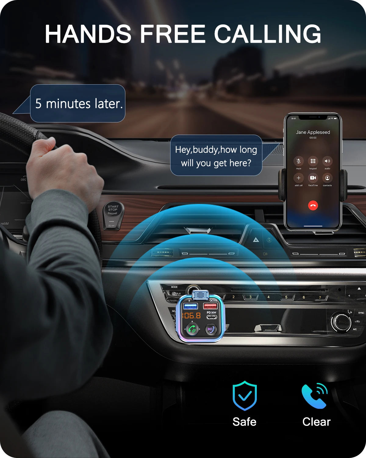 Nadajnik fm bluetooth 5.3 lencent | ładowarka samochodowa pd 30w qc3.0 z funkcją głośnomówiącą