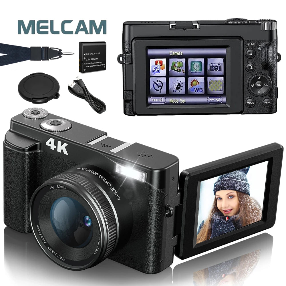 Kamera do vlogowania 4k 48mp | odchylany ekran i lampa błyskowa dla youtube i tiktok