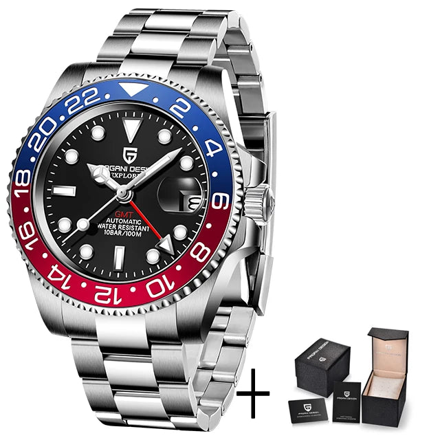 Zegarek mechaniczny męski pagani design pd-1662 luksusowy gmt - szafir, stal, wodoodporny 100m