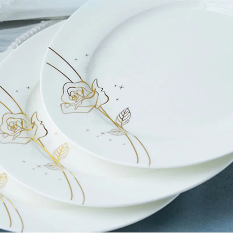 Vabena Gold Rose Bone China Dinner Plates Set - 8-Inch Elegant Tableware