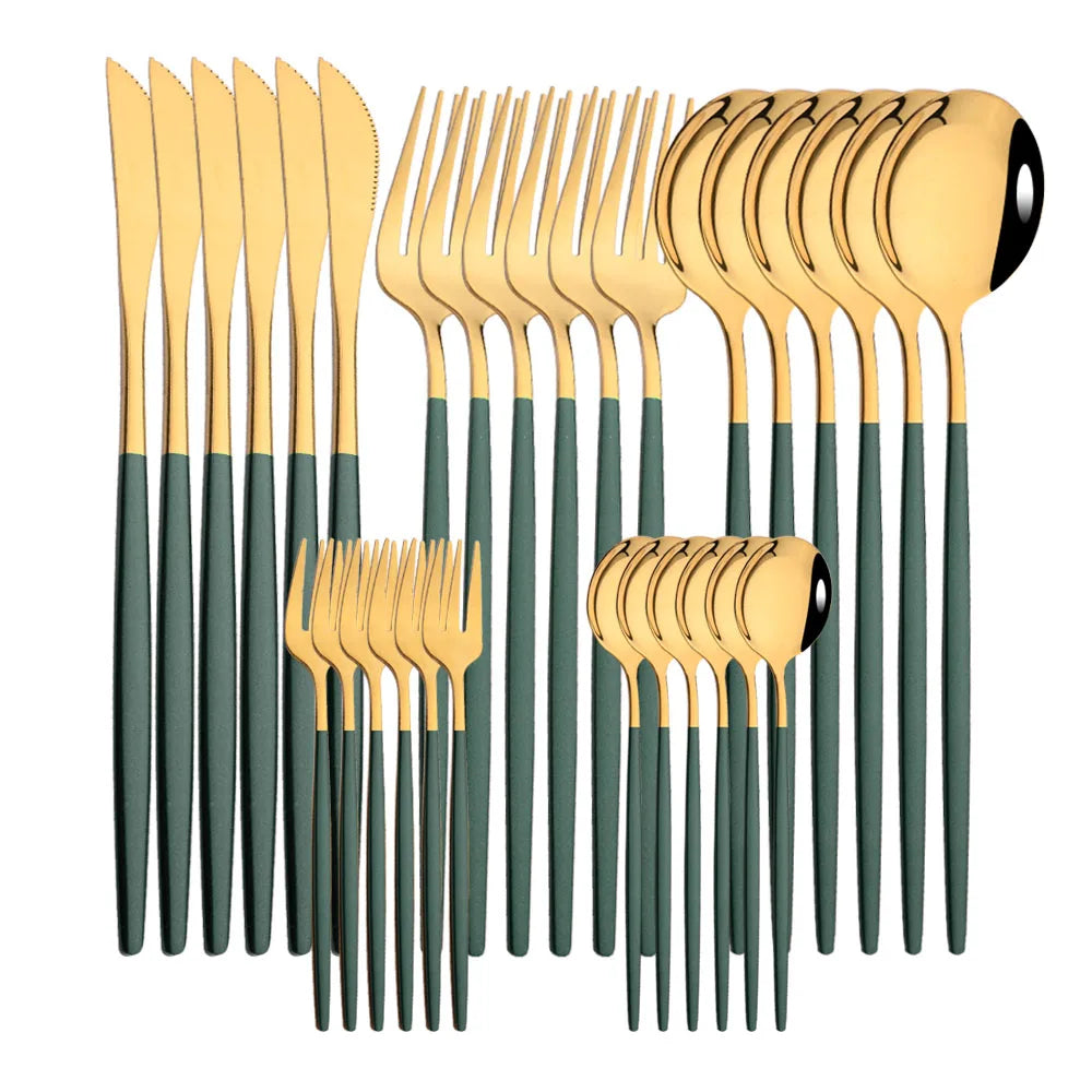 30-Piece Black Gold Stainless Steel Dinnerware Set | Kitchen Cutlery