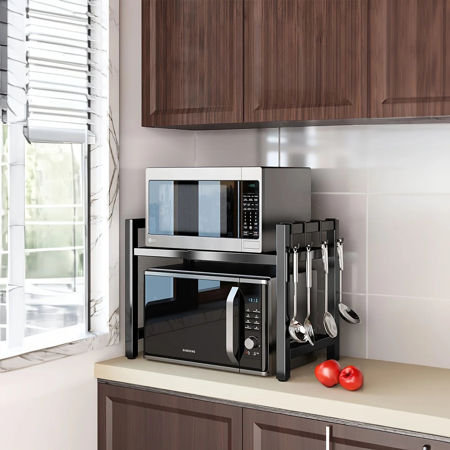Expandable Microwave Shelf with 6 Hooks - Kitchen Storage Rack