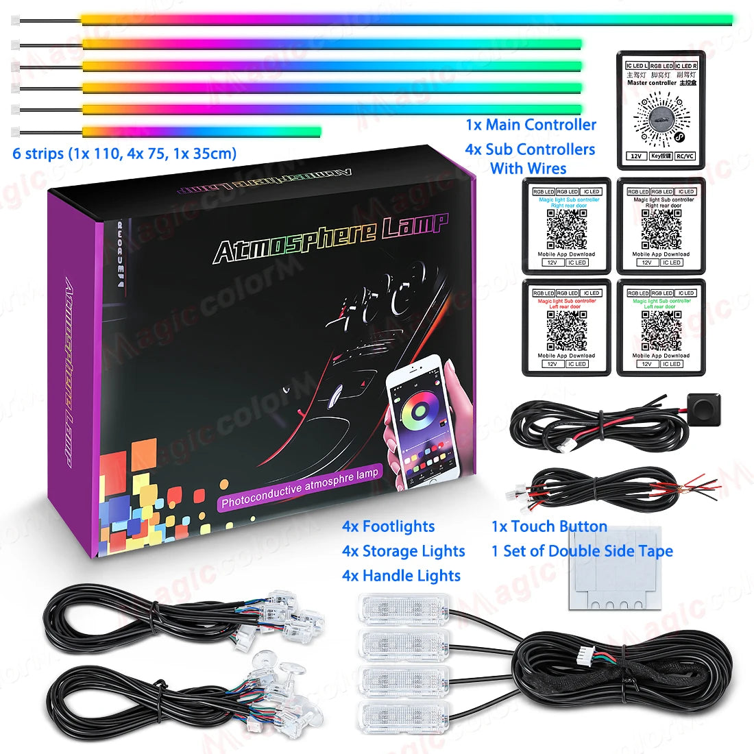 Zestaw 18-w-1 samochodowych lamp ambientowych led – rgb symfonia strumieniowa bluetooth