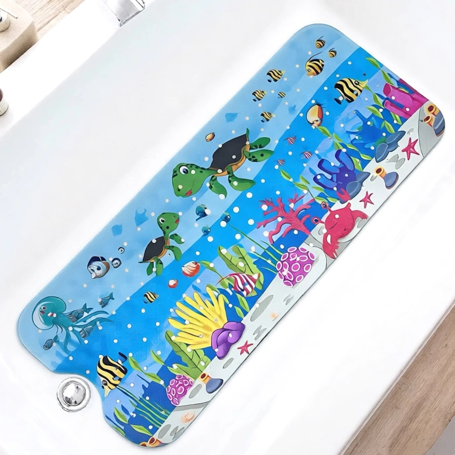 Długa mata kąpielowa z motywem kreskówkowym - antypoślizgowa mata pod prysznic 40x100cm z przyssawkami i otworami drenażowymi