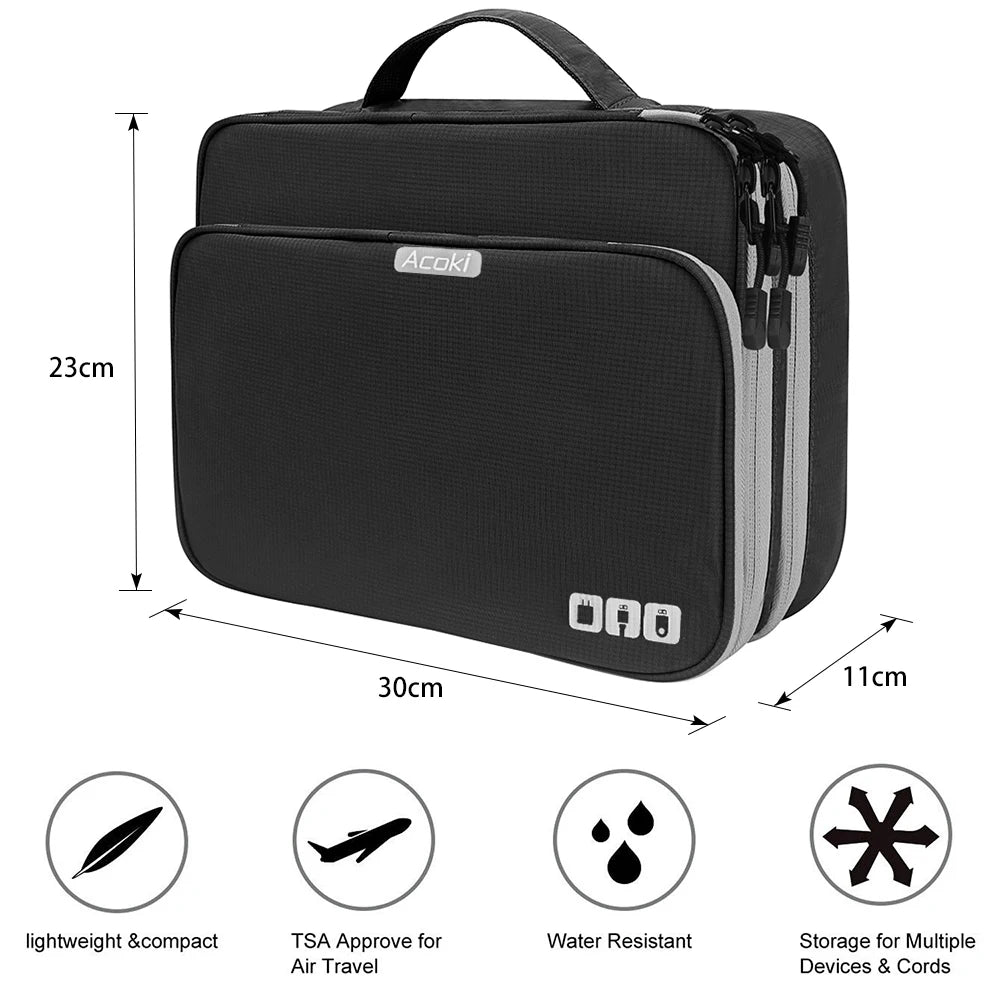 Wielowarstwowy organizer podróżny na elektronikę | etui na kable, ładowarki i ipad