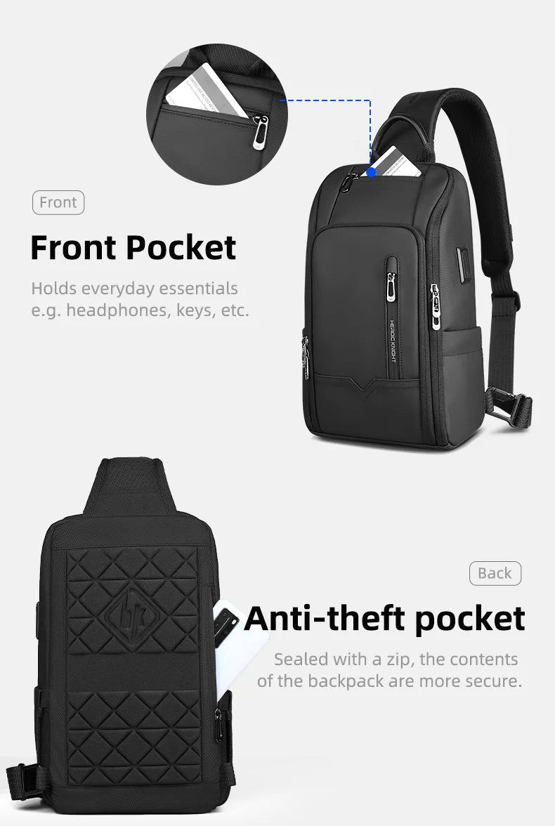 Torba męska na ramię antykradzieżowa hk | wodoodporny sling na klatkę piersiową z usb