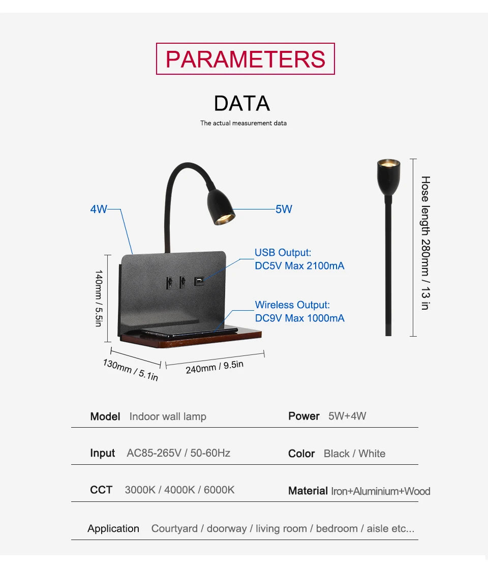 Nowoczesna lampa ścienna led 360° obrotowa z usb i ładowaniem bezprzewodowym do sypialni