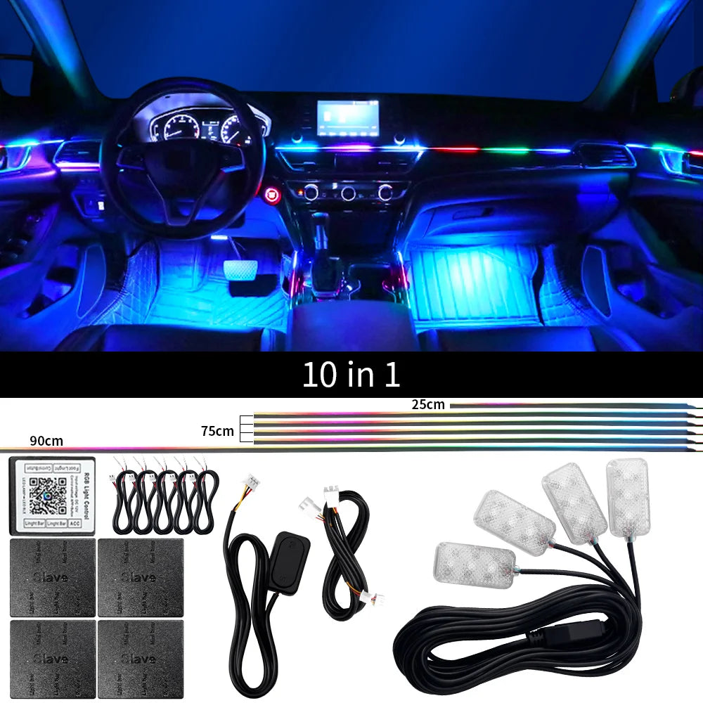 Zestaw 18-w-1 dwustrefowego nastrojowego oświetlenia samochodowego rgb z kontrolą aplikacją