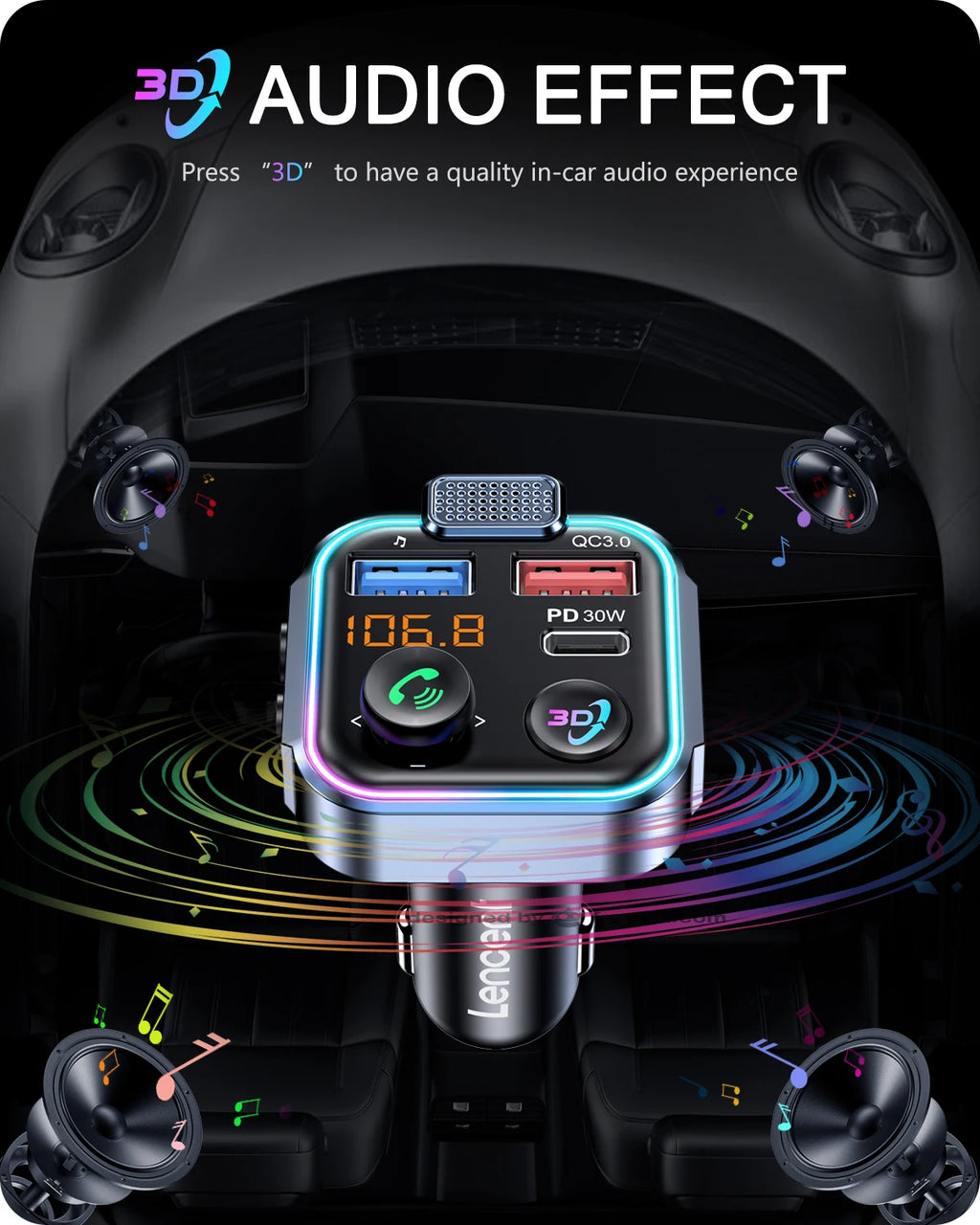 Nadajnik fm bluetooth 5.3 lencent | ładowarka samochodowa pd 30w qc3.0 z funkcją głośnomówiącą