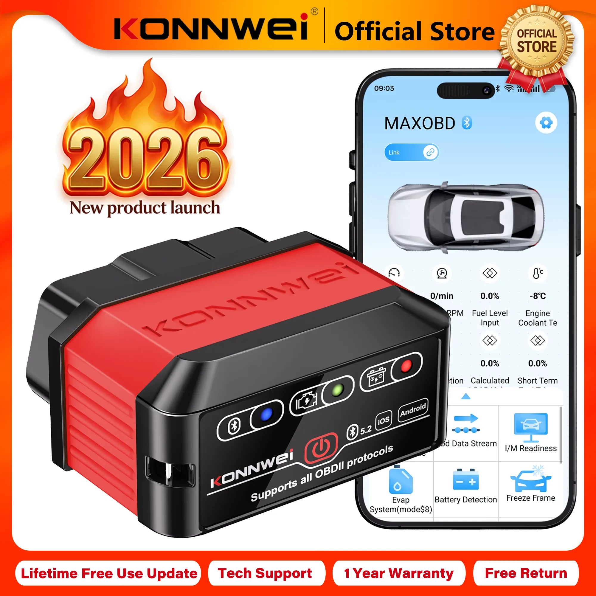 Skaner samochodowy 2026 konnwei kw905 obd2 bluetooth 5.0 do diagnostyki pojazdów