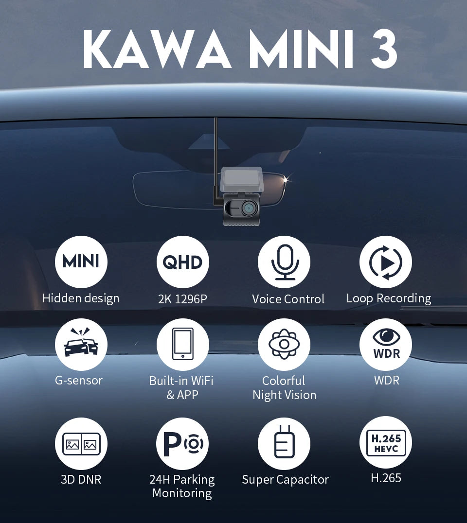 Kamera samochodowa kawa dash cam mini 3 - 2k, sterowanie głosem, noktowizja, wifi