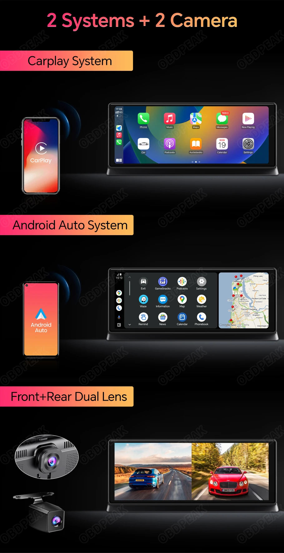 K2 pro 11.3" 4k bezprzewodowy carplay android auto kamera samochodowa z gps i podwójnym obiektywem
