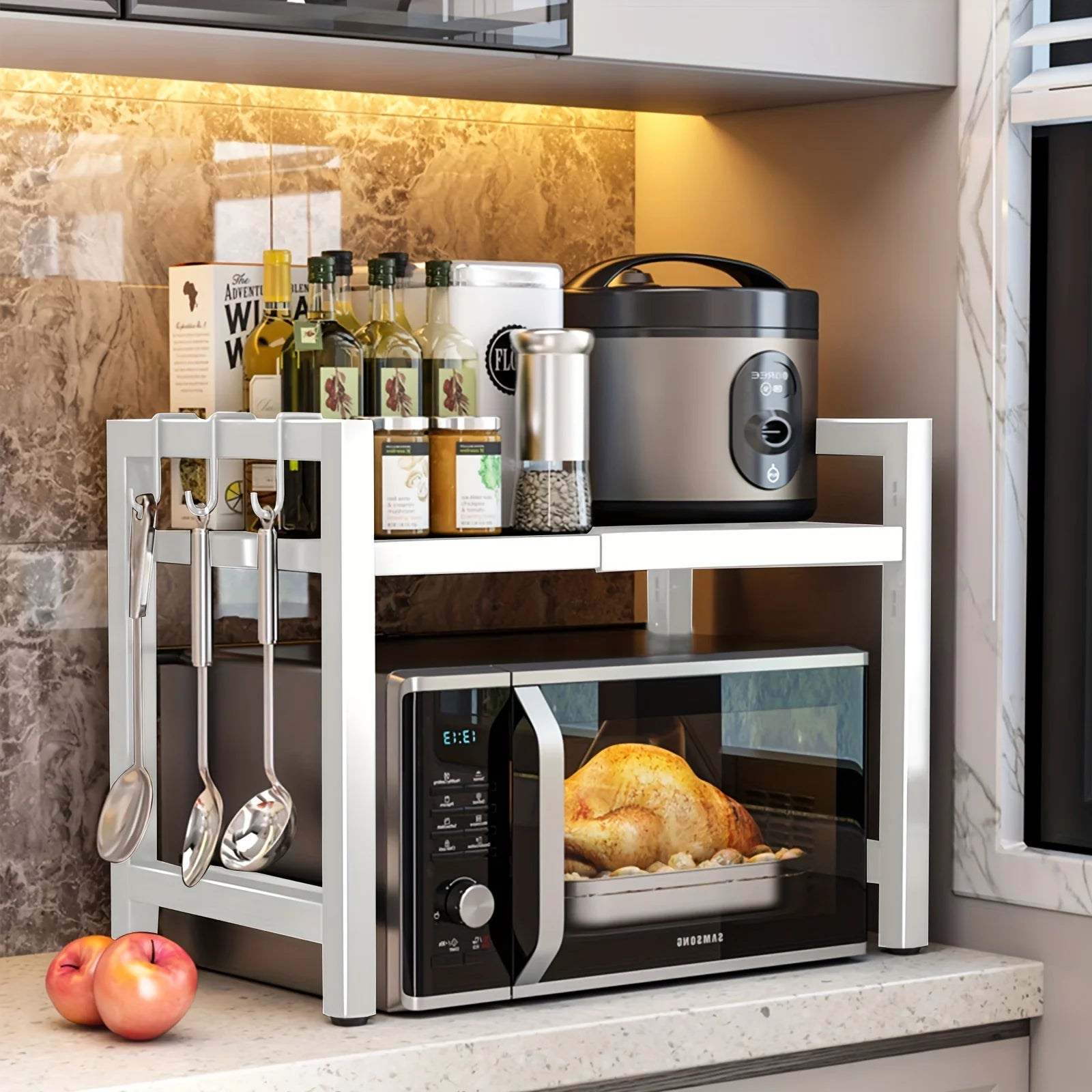 Expandable Microwave Shelf with 6 Hooks - Kitchen Storage Rack