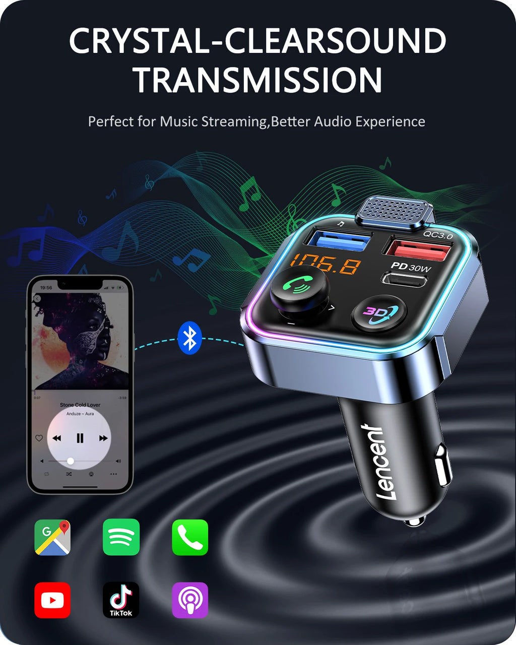 Nadajnik fm bluetooth 5.3 lencent | ładowarka samochodowa pd 30w qc3.0 z funkcją głośnomówiącą
