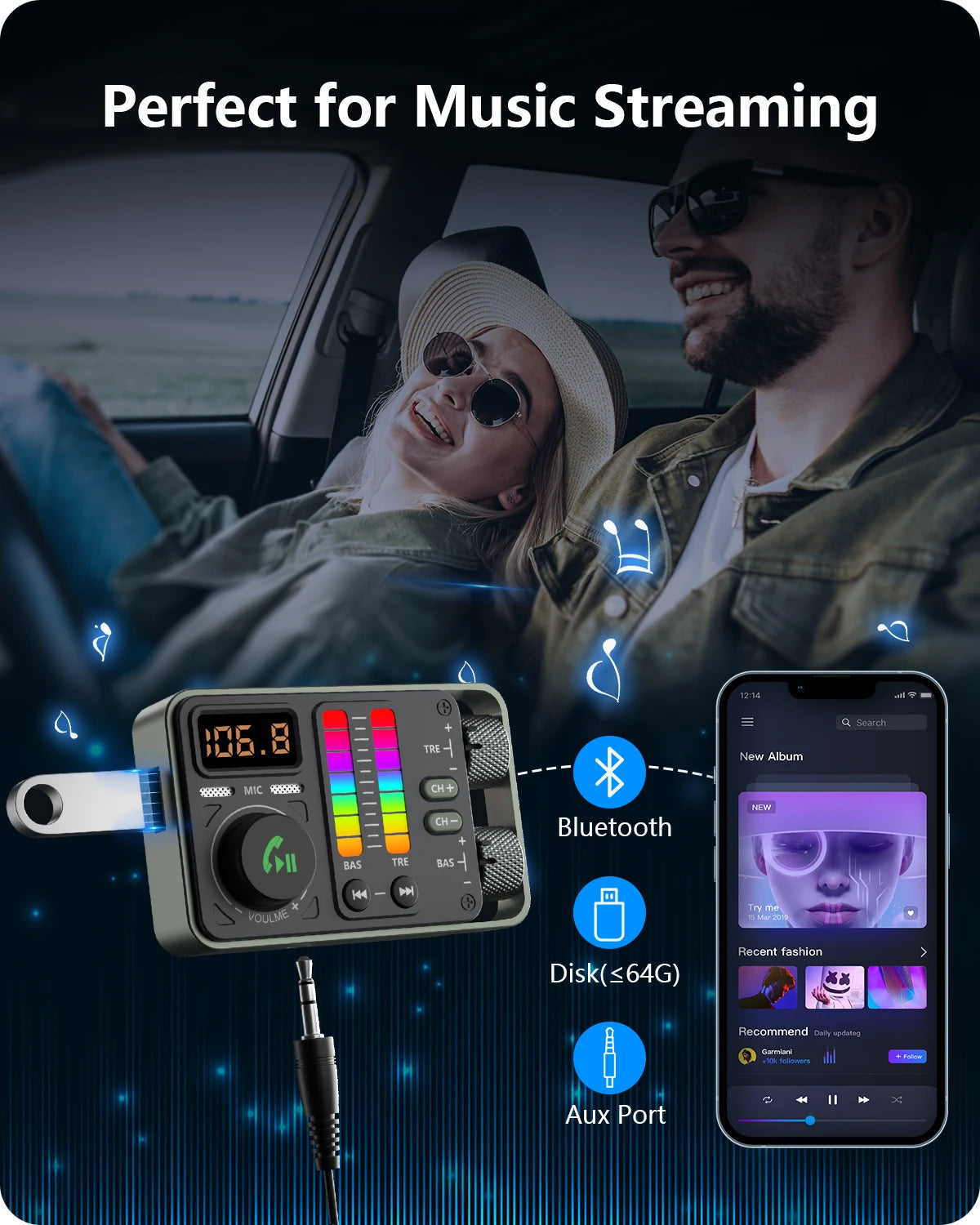 Lencent bluetooth 5.3 samochodowy nadajnik fm i szybka ładowarka