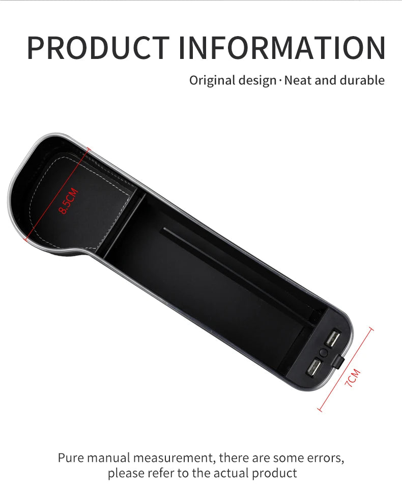 Wypełniacz luki fotela samochodowego i organizer z led i podwójną ładowarką usb
