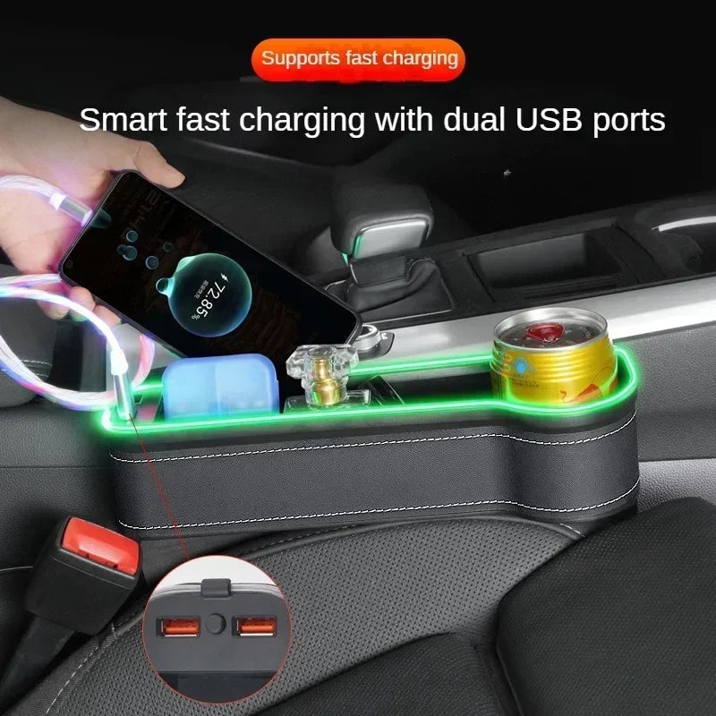 Organizer szczelinowy do samochodu z podwójną ładowarką usb i led – uchwyt na telefon, karty, kubki