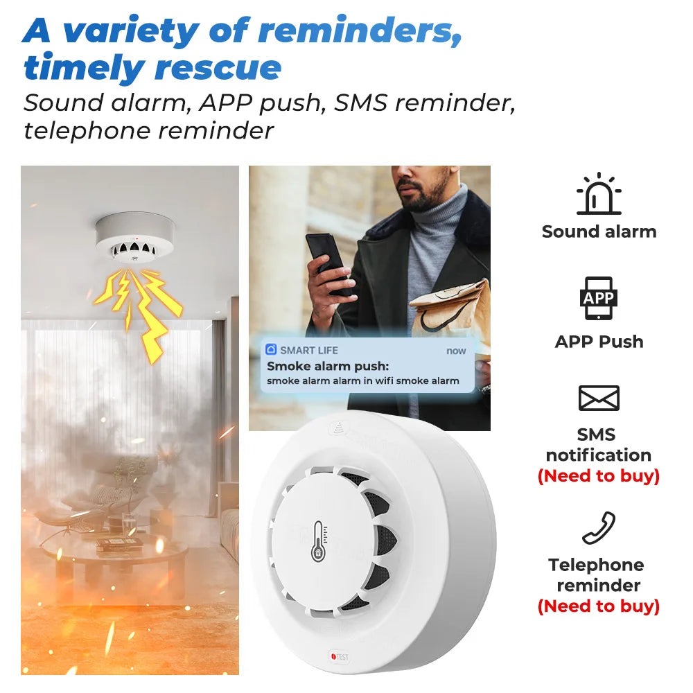 Detektor dymu tuya smart wifi i bluetooth z temperaturą i wilgotnością