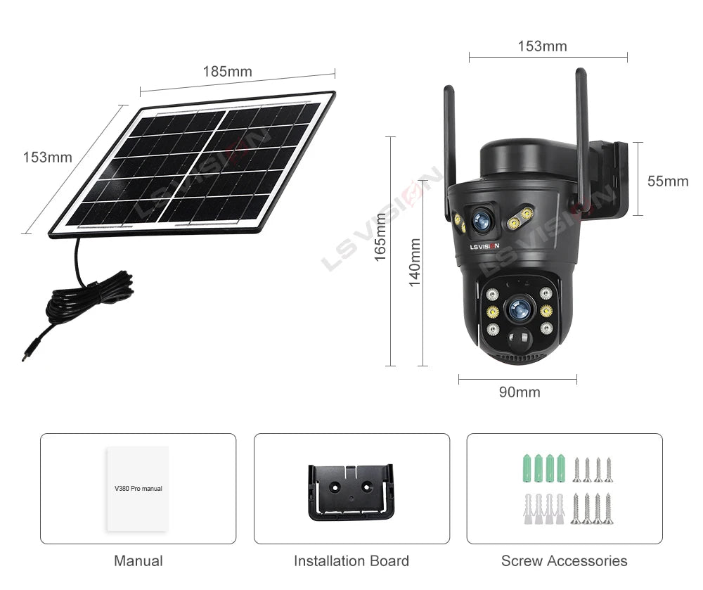 Kamera solarna zewnętrzna ls vision 4g/wifi 8mp z podwójnym obiektywem, pir, kartą sim, widzeniem nocnym i wodoodpornością