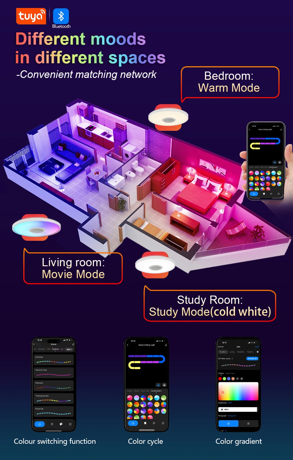 Inteligentna lampa sufitowa led rgb z głośnikiem – ściemnialna, sterowanie aplikacją