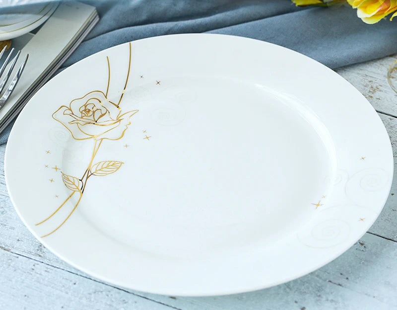Vabena Gold Rose Bone China Dinner Plates Set - 8-Inch Elegant Tableware
