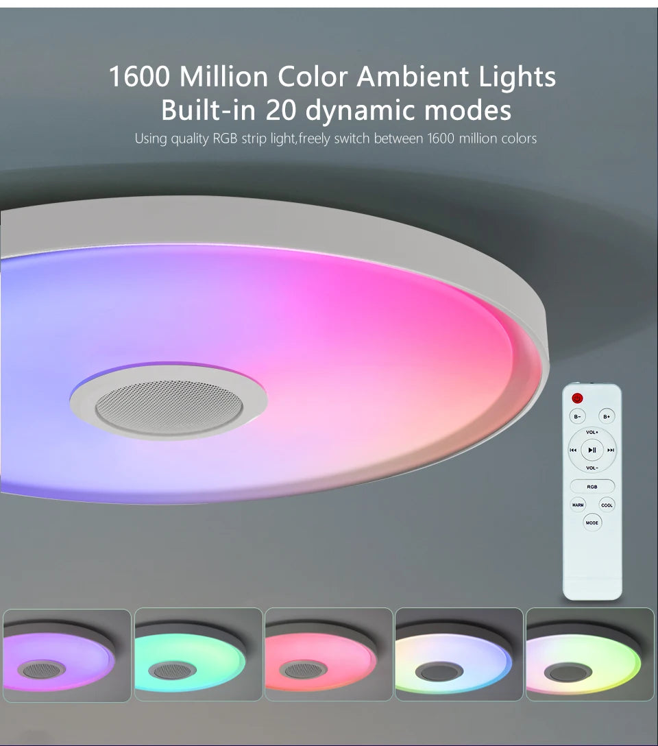 Inteligentna lampa sufitowa led rgb z głośnikiem – ściemnialna, sterowanie aplikacją