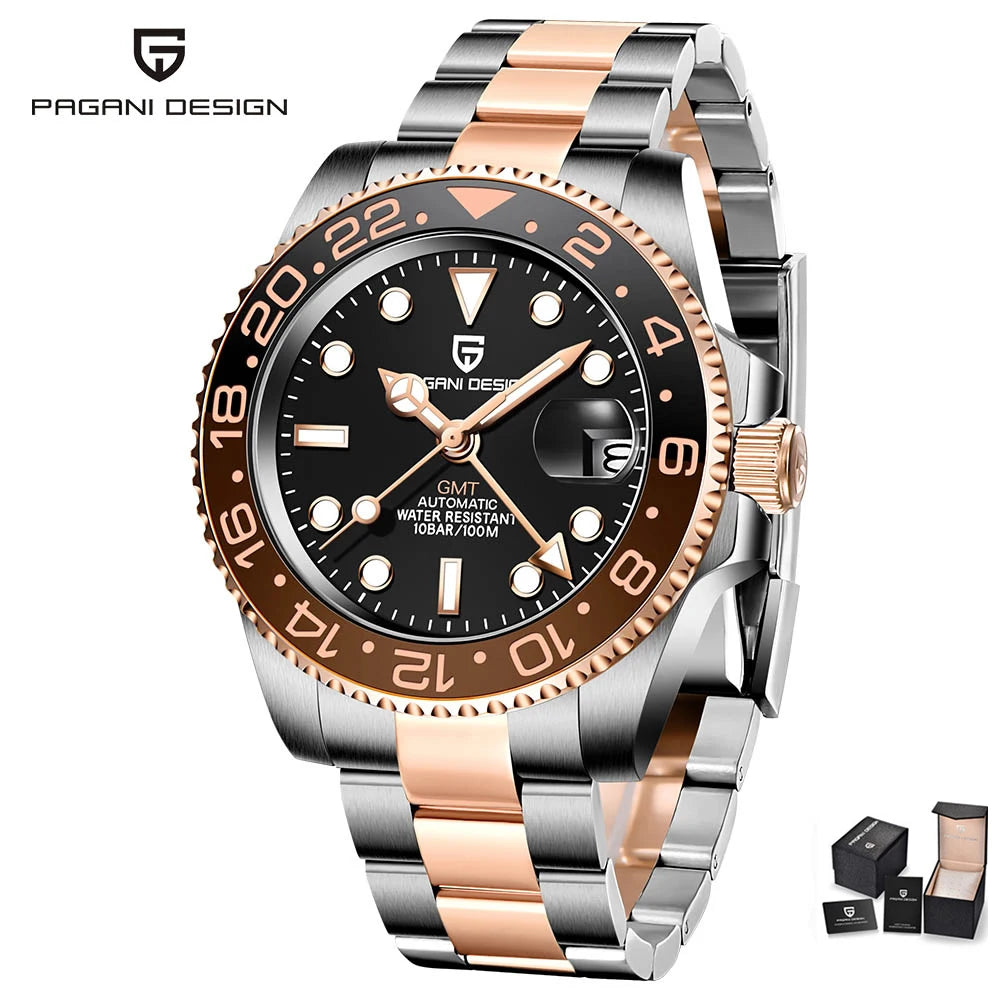 Zegarek mechaniczny męski pagani design pd-1662 luksusowy gmt - szafir, stal, wodoodporny 100m