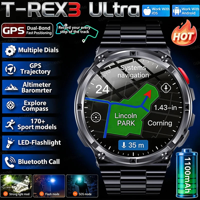 Inteligentny zegarek t-rex3 pro: gps, wodoodporność 5atm, wojskowy, sportowy monitor aktywności