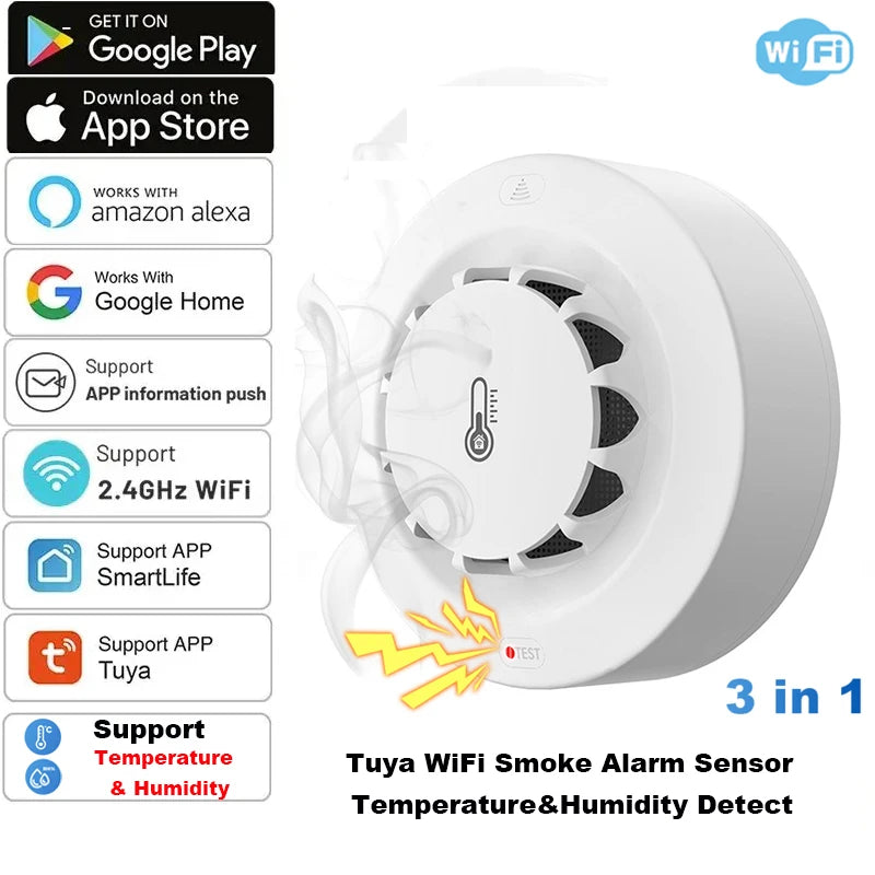 Detektor dymu tuya smart wifi i bluetooth z temperaturą i wilgotnością