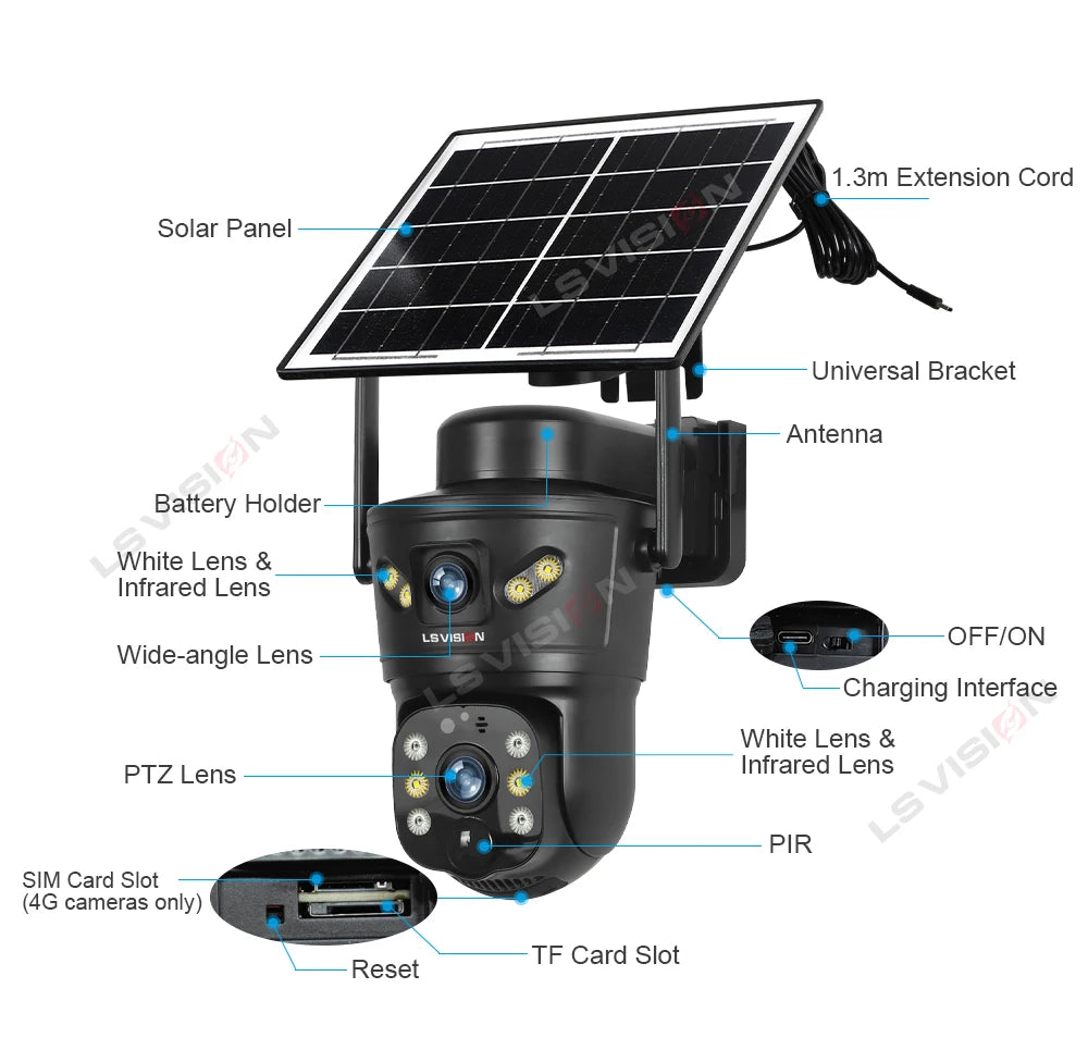 Kamera solarna zewnętrzna ls vision 4g/wifi 8mp z podwójnym obiektywem, pir, kartą sim, widzeniem nocnym i wodoodpornością