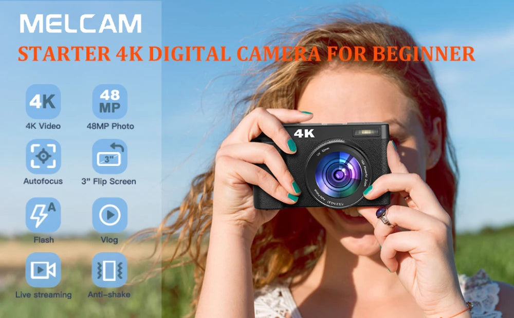 Kamera do vlogowania 4k 48mp | odchylany ekran i lampa błyskowa dla youtube i tiktok