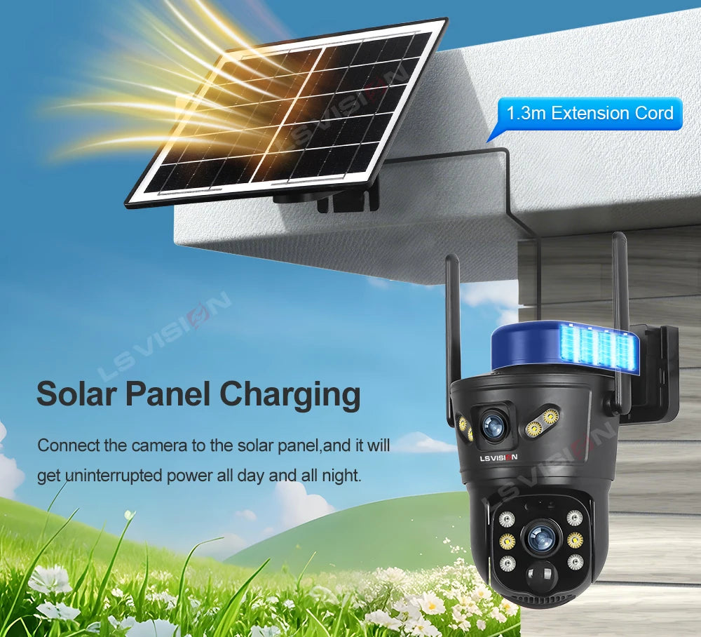 Kamera solarna zewnętrzna ls vision 4g/wifi 8mp z podwójnym obiektywem, pir, kartą sim, widzeniem nocnym i wodoodpornością