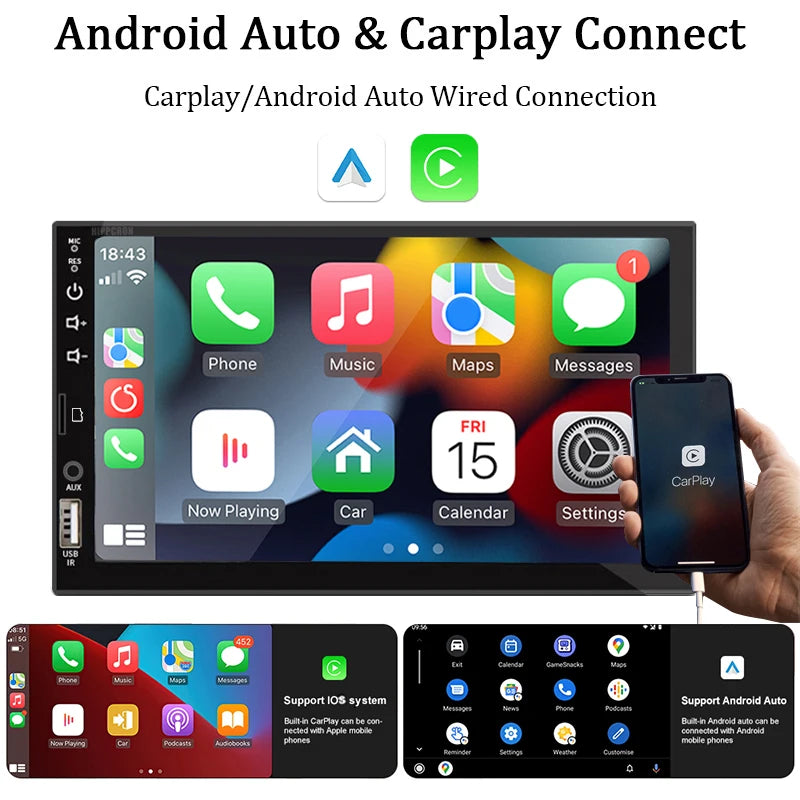 Radio samochodowe hippcron 7 cali 1 din - odtwarzacz multimedialny carplay android auto