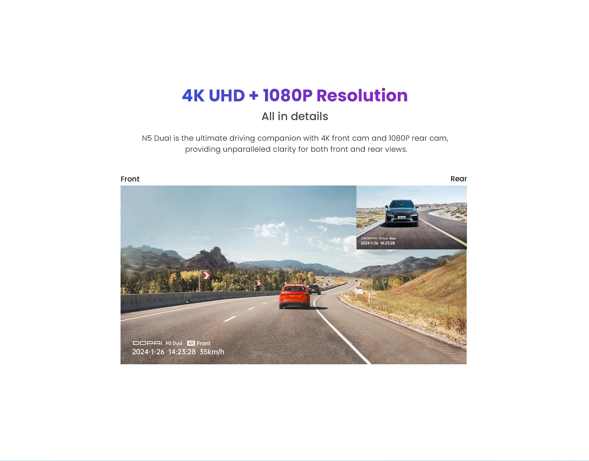 Ddpai n5 dualna kamera samochodowa 4k - przód i tył, nightvis, adas, gps