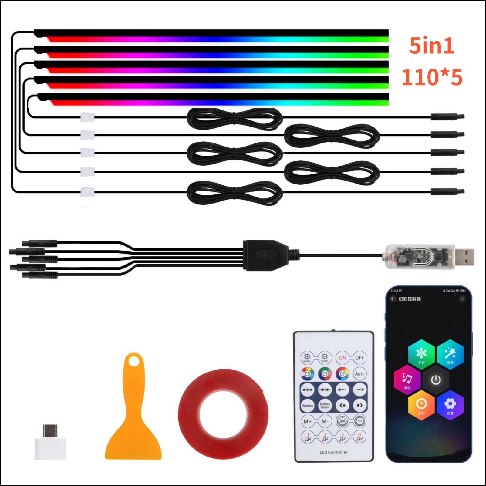 Paski led rgb akrylowe 10-w-1 do samochodu - sterowanie aplikacją i pilotem