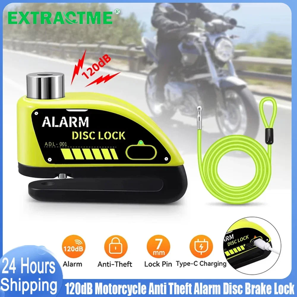 Zabezpieczenie motocykla extractme 110db z alarmem - wodoodporna blokada tarczy hamulcowej
