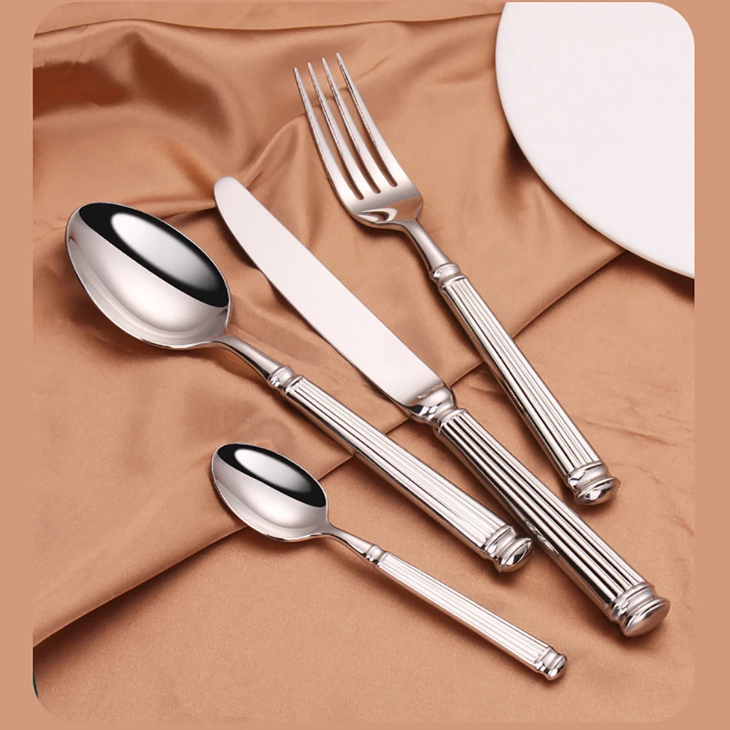 Elegant Silver Striped Cutlery Set - Premium 304 Stainless Steel Tableware