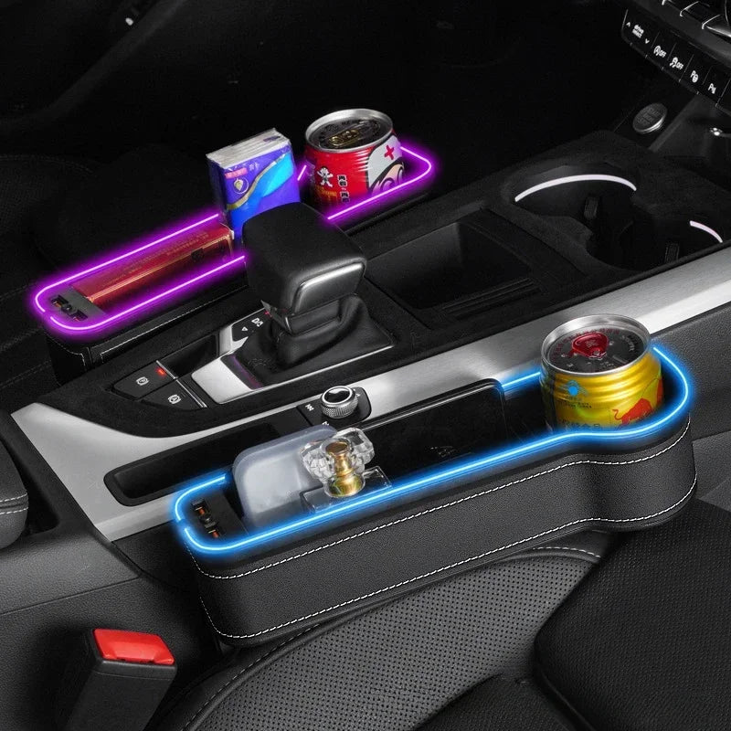 Organizer szczelinowy do samochodu z podwójną ładowarką usb i led – uchwyt na telefon, karty, kubki