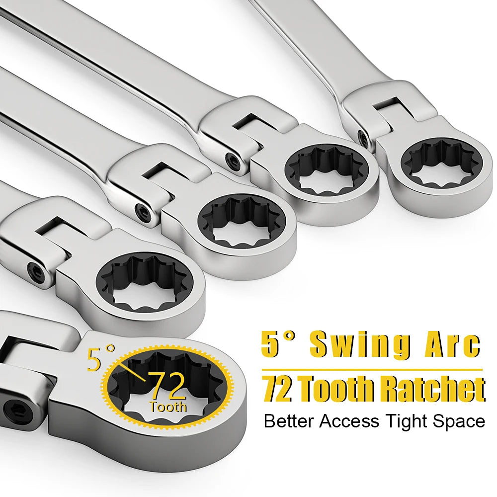 Zestaw kluczy płasko-oczkowych z grzechotką i ruchomą głowicą, metryczny 6-23mm